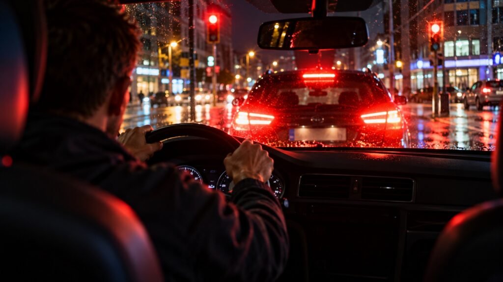 Kontrollfähigkeit im Straßenverkehr: Fahrer bei Nacht auf nasser Innenstadtkreuzung dicht hinter den Rückleuchten des vorausfahrenden Wagens
