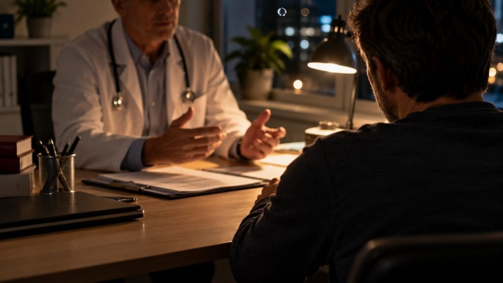 Psychische Erkrankung: Facharzt im Abendgespräch mit einem Patienten im Licht einer Schreibtischlampe
