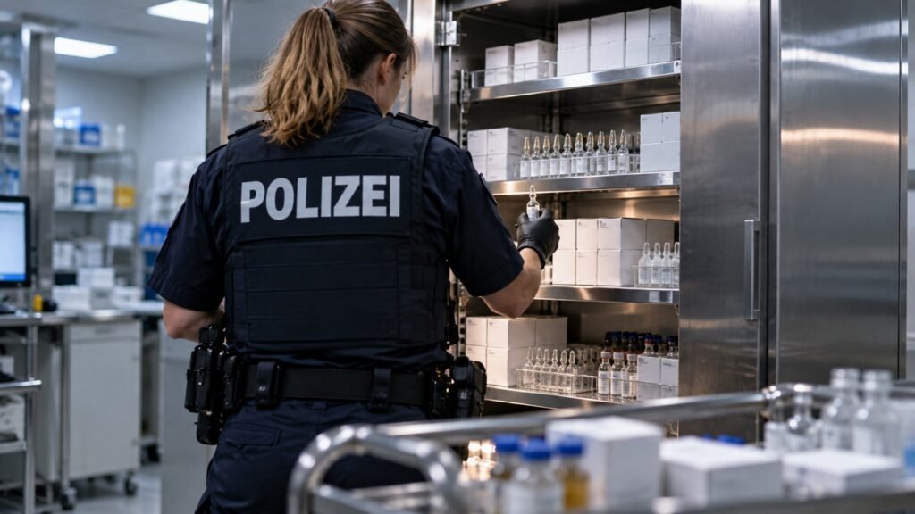 Hydromorphon in unbedruckten Glasampullen, Polizeibeamtin vor dem geöffneten Betäubungsmittelschrank einer Krankenhausapotheke