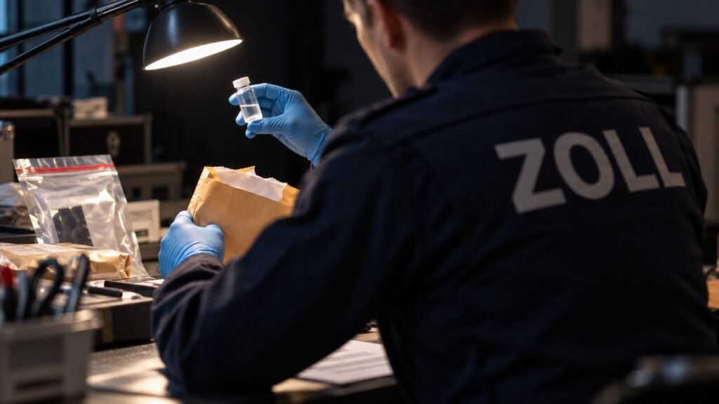 Schnelltest beim Zoll: Ein Beamter mit Handschuhen hält ein Testfläschchen über einen geöffneten Briefumschlag