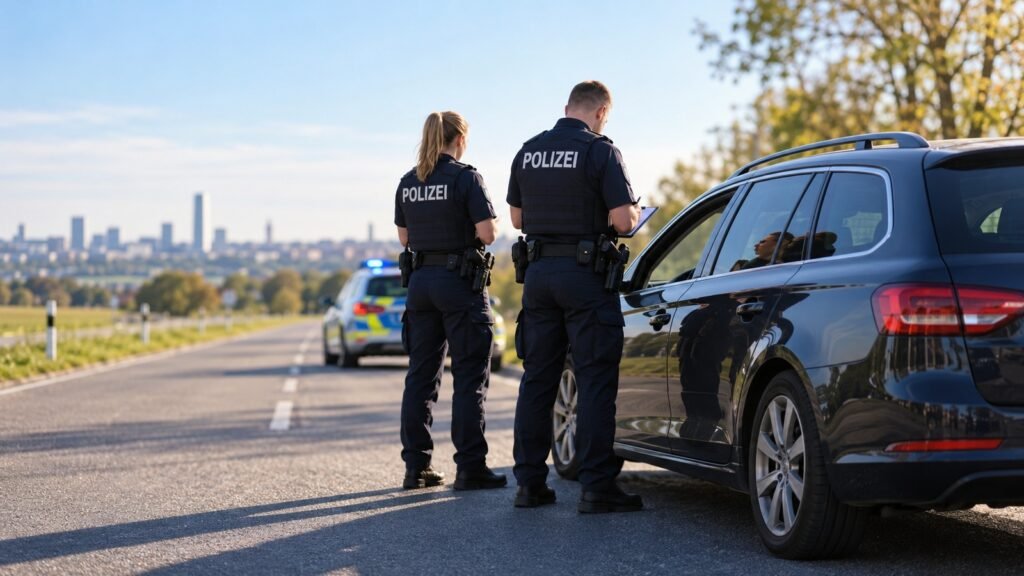Konsumanzeichen werden notiert: zwei Polizeibeamte an der Fahrerseite eines angehaltenen Fahrzeugs bei Tageslicht