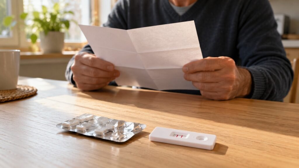 Kreuzreaktion beim Drogentest: Mann am Küchentisch liest ein Schreiben, davor ein Tablettenblister und eine Testkassette mit zwei Linien