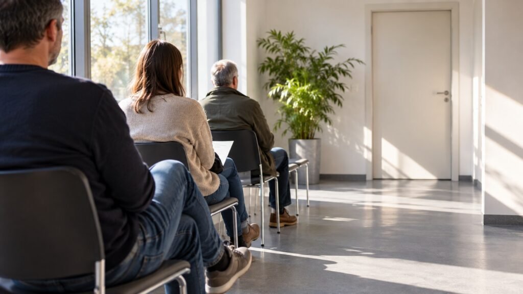 Indikator und Kriterium: drei wartende Menschen von hinten im hellen Wartebereich einer Begutachtungsstelle vor einer geschlossenen Tür.