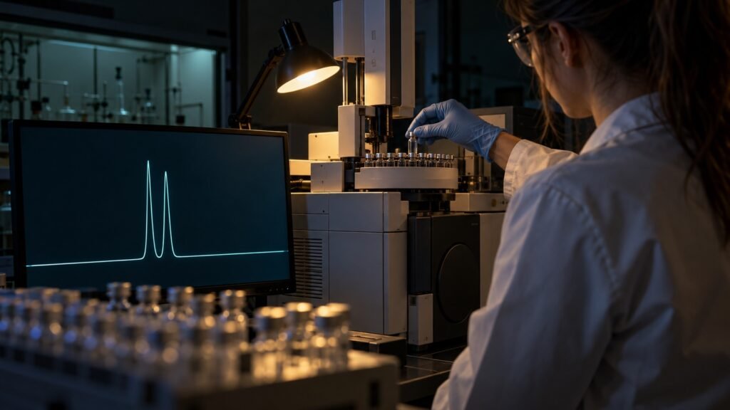 Levomethamphetamin: Analytikerin setzt im abgedunkelten forensischen Labor eine Probenvial in den Gaschromatographen, auf dem Monitor zwei dicht benachbarte Peaks