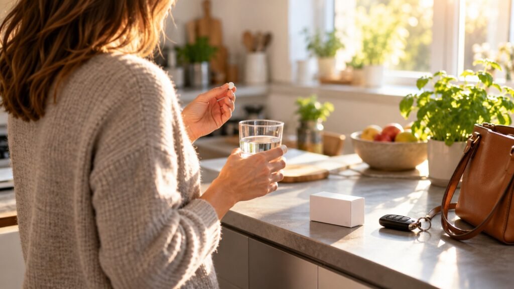 Lithium und Fahreignung: Frau nimmt morgens in der Küche eine Tablette, daneben Autoschlüssel und Handtasche