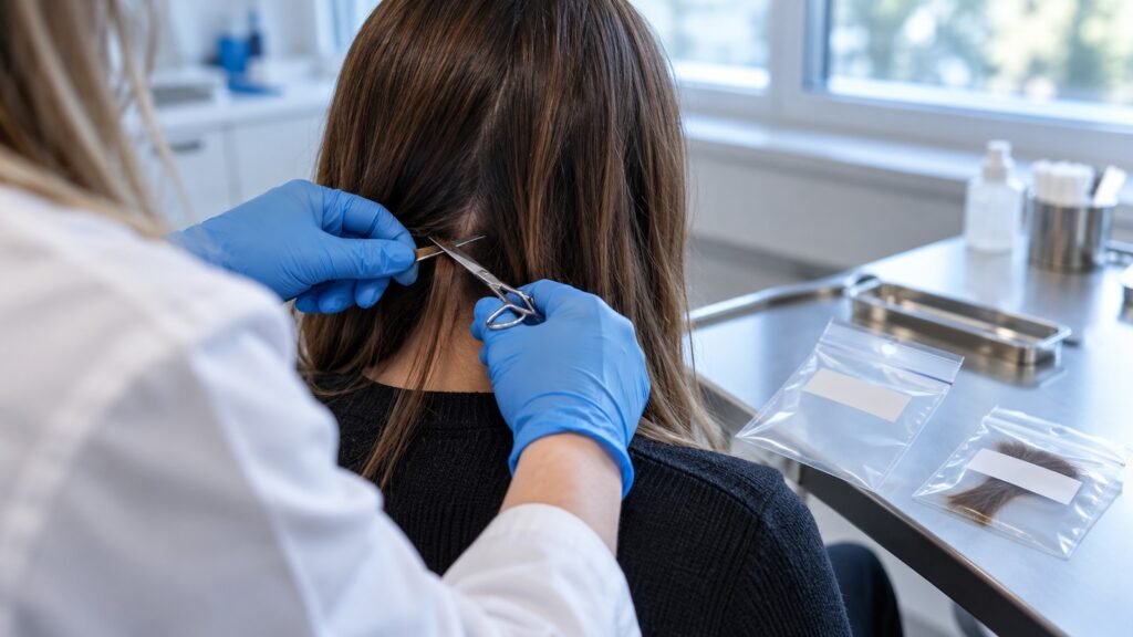 Manipulationsverdacht bei der Haarprobe: eine Mitarbeiterin mit blauen Handschuhen trennt am Hinterkopf einer sitzenden Person eine Haarsträhne ab.