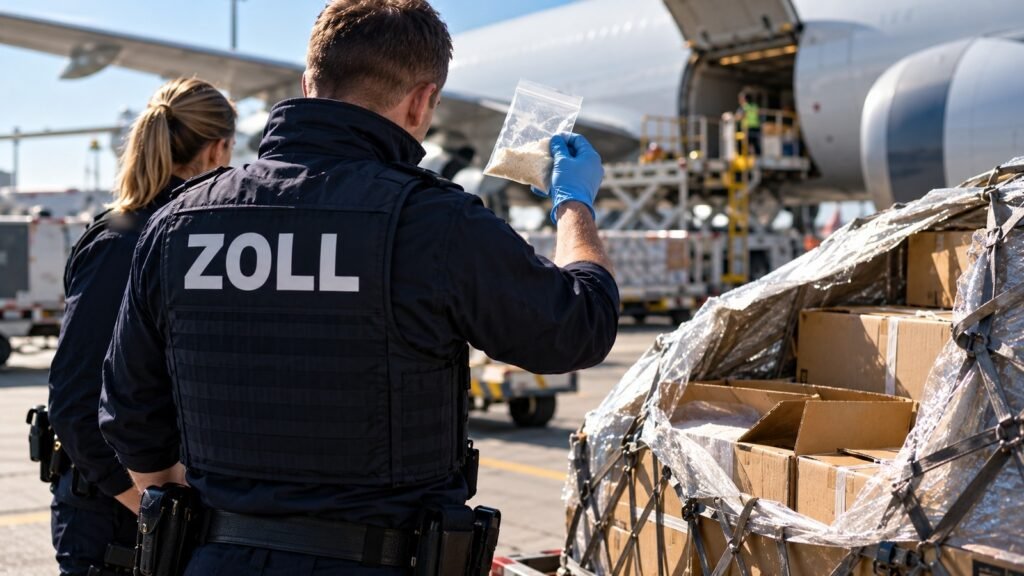MDPV: Zollbeamter hält auf dem Luftfrachtvorfeld einen Asservatenbeutel mit feinkörnigem Pulver gegen das Tageslicht