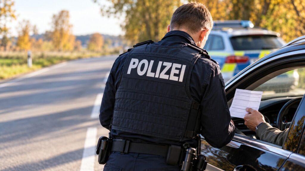 Medizinalcannabis bei der Verkehrskontrolle: Fahrer am Steuer hält einem von hinten sichtbaren Polizeibeamten in dunkelblauer Einsatzweste mit Aufschrift POLIZEI ein Rezept entgegen, helles Tageslicht am Straßenrand