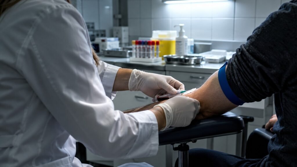 Befund: Ärztin nimmt einem sitzenden Mann im Untersuchungsraum einer Begutachtungsstelle Blut aus der Armbeuge ab