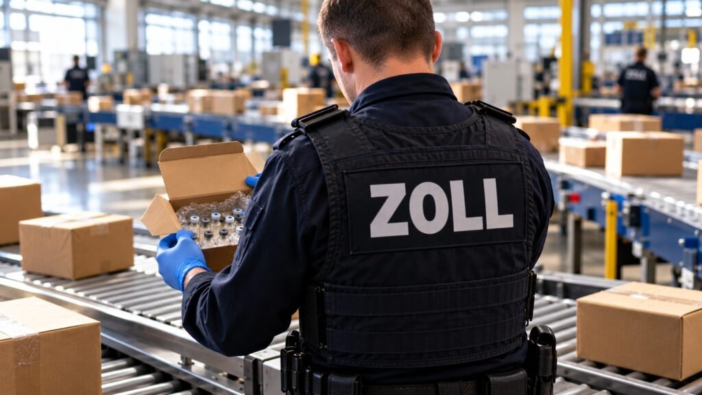 Melanotan in der Zollkontrolle: Zollbeamter von hinten in dunkelblauer Einsatzweste mit Aufschrift ZOLL öffnet bei Tageslicht am Rollenband eines Paketverteilzentrums ein kleines Päckchen mit Fläschchen