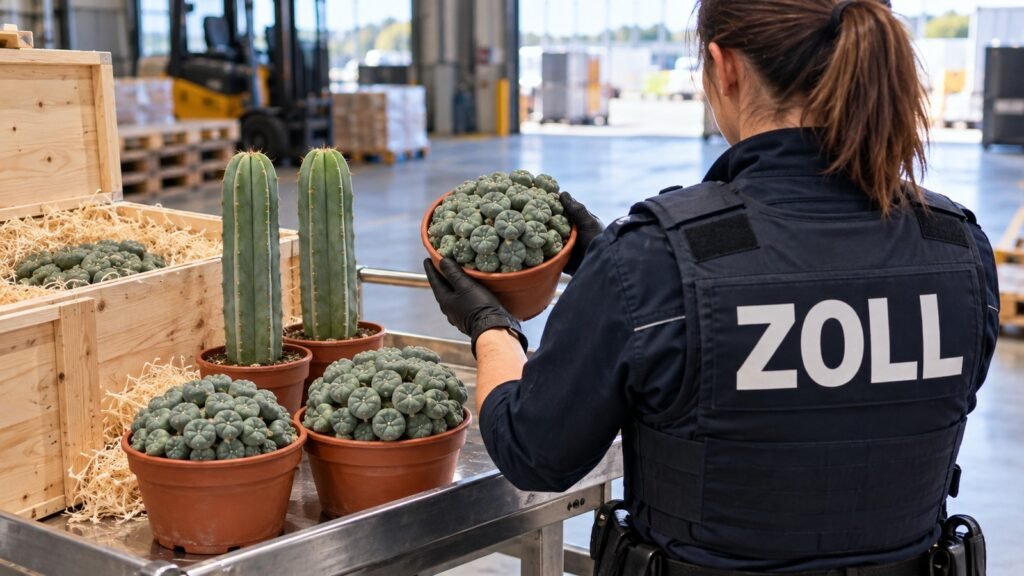 Mescalin in Kakteenform: Zollbeamtin prüft einen Topf mit dornenlosen Peyote-Köpfen, Lophophora williamsii Variante caespitosa, daneben Säulenkakteen Echinopsis pachanoi in der Luftfrachthalle