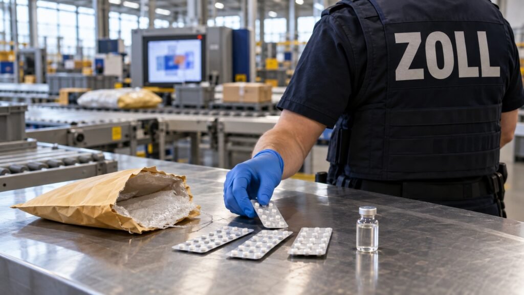 Metandienon: aufgeschnittener Versandumschlag mit Blisterstreifen und Ampulle auf dem Prüftisch einer Postsortierhalle des Zolls