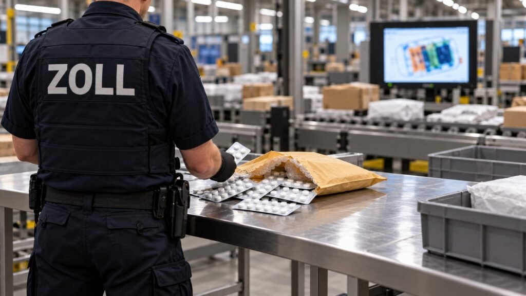 Methaqualon in der Postsendung: Zollbeamter prüft unbedruckte Blisterstreifen aus einem Luftpolsterumschlag