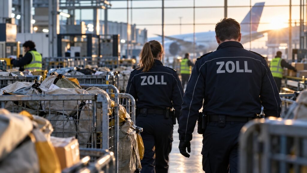 Mimosa-Rinde per Einschreiben: Zwei Zollbeamte gehen durch das Internationale Postzentrum am Flughafen
