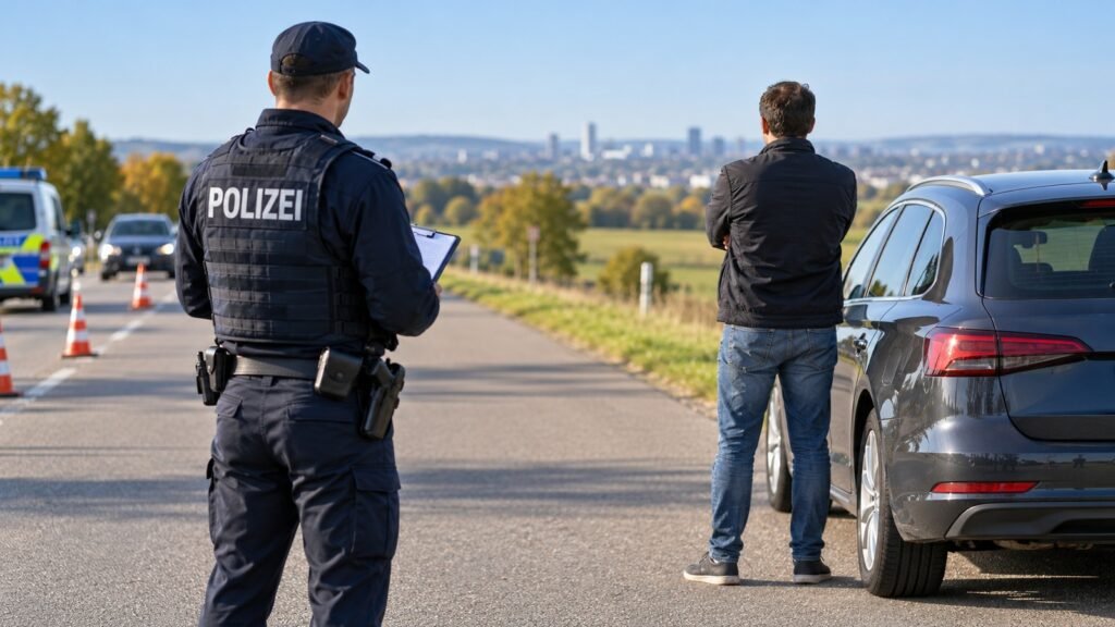 Mitwirkung verweigert: Mann mit verschränkten Armen neben seinem Fahrzeug, Polizeibeamter mit Klemmbrett im Vordergrund