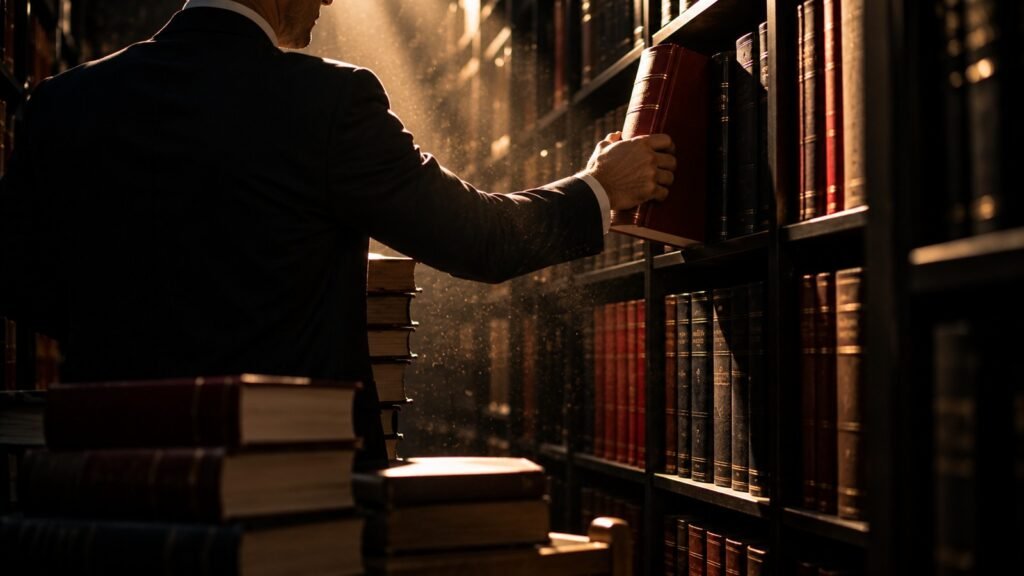 Rechtsgrundlage der Gutachtenanordnung: Ein Rechtsanwalt zieht in der Bibliothek einen Kommentarband aus dem Regal, Staub im Lichtstrahl