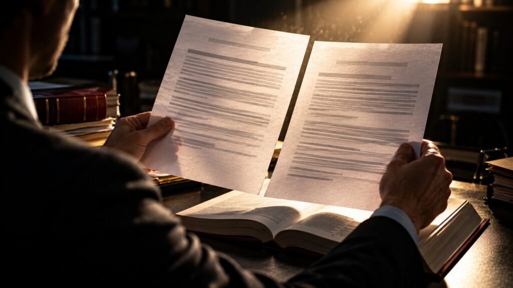 Formulierung der Gutachtenanordnung im Vergleich: Ein Rechtsanwalt hält zwei Schriftsätze gegen das Licht und vergleicht die Fragestellungen