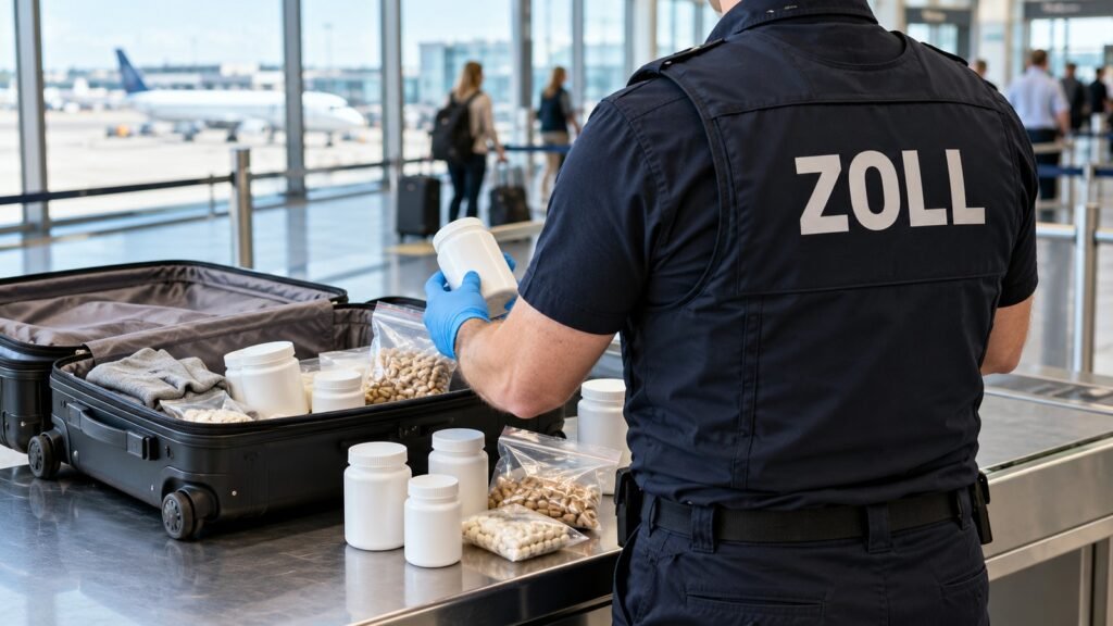 Nahrungsergänzungsmittel mit Arzneistoffen: Zollbeamter von hinten in einer Weste mit Aufschrift ZOLL prüft am Flughafen Dosen und Tütchen aus einem geöffneten Koffer