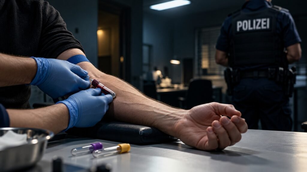 Negative Blutprobe: Blutentnahme aus der Armbeuge mit blauen Handschuhen, im Hintergrund ein Beamter in einer Weste mit Aufschrift POLIZEI