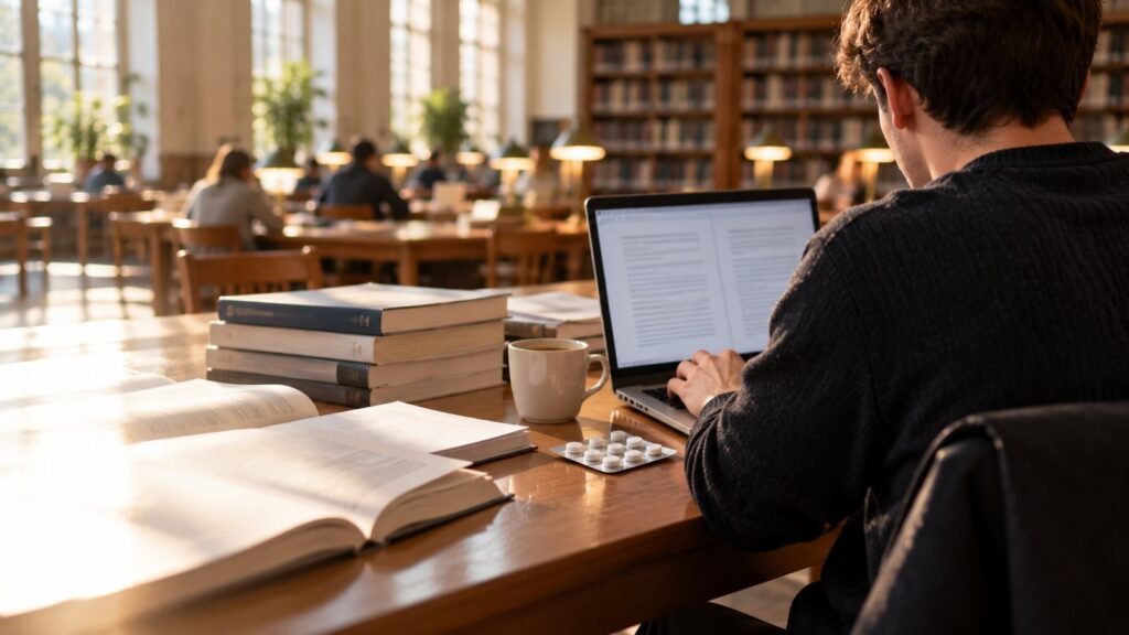 Nootropika am Lernplatz: junger Mann von hinten am Laptop in einer hellen Universitätsbibliothek, neben der Tastatur liegt ein unbeschrifteter Tablettenblister