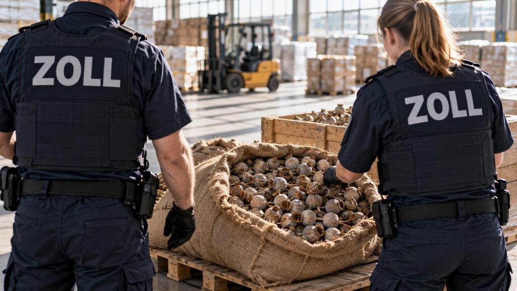 Opium in getrockneten Mohnkapseln, Zollbeamte prüfen einen aufgeschnittenen Jutesack in einer Umschlaghalle
