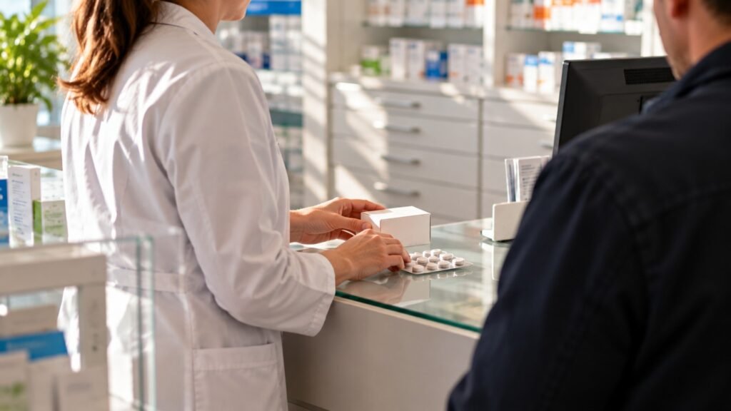 Oxazepam in der Apotheke: Apothekerin legt Faltschachtel und Tablettenblister auf den Handverkaufstisch