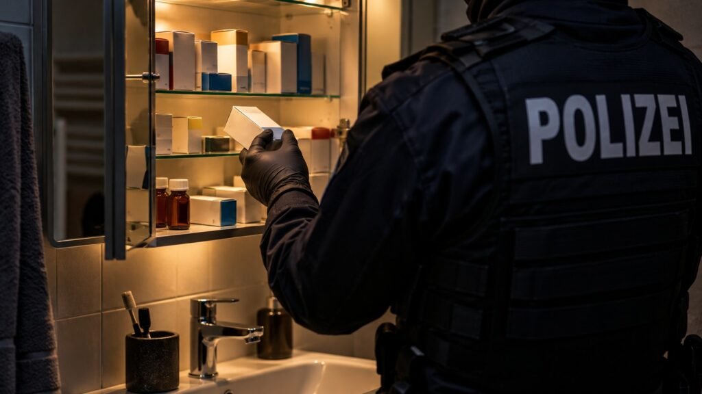 Pentazocin bei einer Durchsuchung: ein Beamter sieht einen geöffneten Badezimmerschrank mit alten Arzneipackungen durch