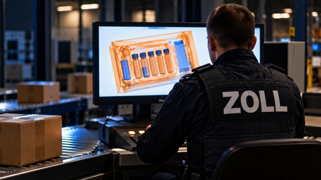 Peptide in der Zollkontrolle: Zollbeamter von hinten in dunkelblauer Einsatzweste mit Aufschrift ZOLL betrachtet am Durchleuchtungsmonitor die Umrisse kleiner Fläschchen in einer Postsendung