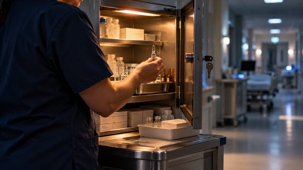 Pethidin im Medikamentenschrank einer Klinik: eine Pflegekraft entnimmt während der Nachtschicht eine Glasampulle aus dem aufgeschlossenen Betäubungsmitteltresor