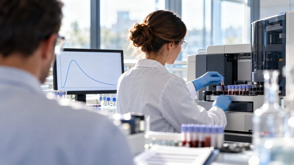 Pharmakokinetik: Toxikologin setzt Blutproben in ein Analysegerät, auf dem Monitor eine Konzentrationskurve