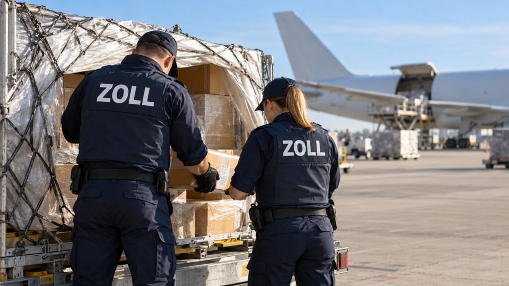 Phencyclidin: Zollbeamte kontrollieren auf dem Luftfrachtvorfeld eine geöffnete Frachtpalette vor einem Frachtflugzeug