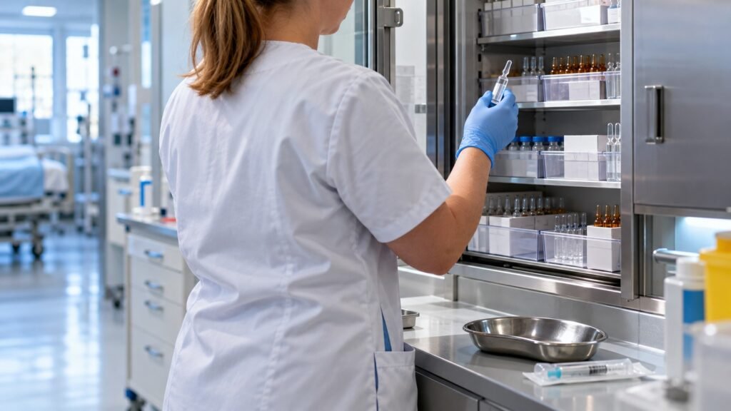 Piritramid in der Klinik: Pflegekraft entnimmt eine Glasampulle aus dem Stationsschrank