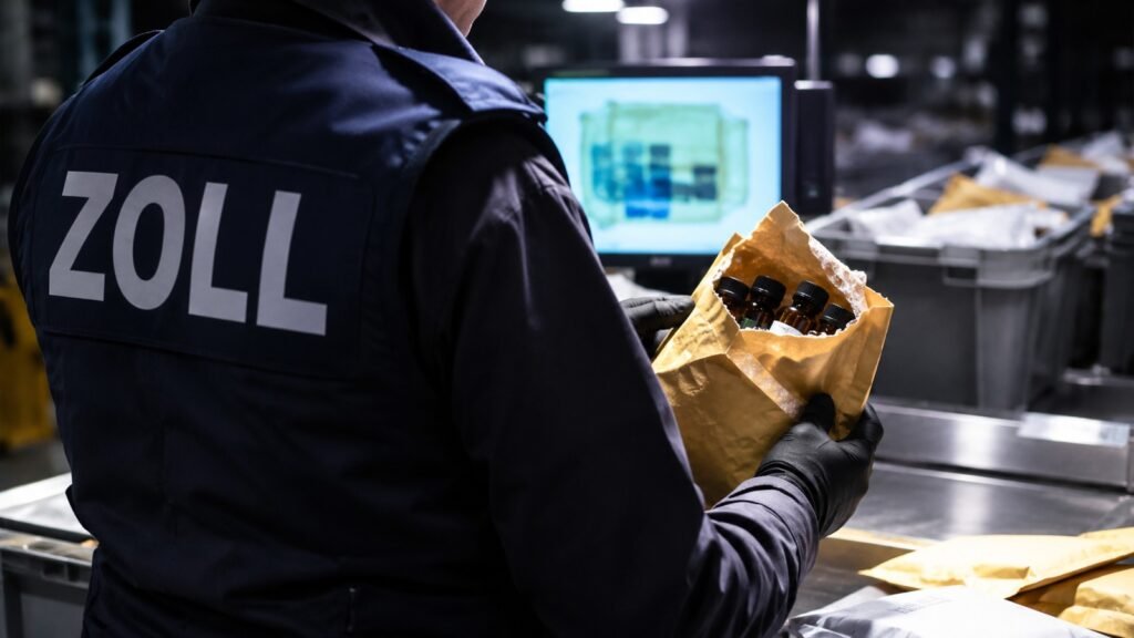 Poppers in einer Postsendung: ein Zollbeamter hält in einem Verteilzentrum einen aufgerissenen Polsterumschlag mit braunen Glasfläschchen in der Hand.