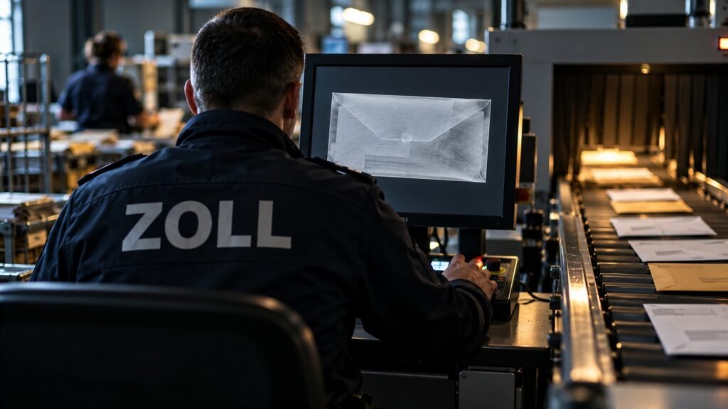 Psilocybin-Pilze im Brief: Ein Zollbeamter prüft im Briefzentrum das Röntgenbild eines Umschlags am Monitor