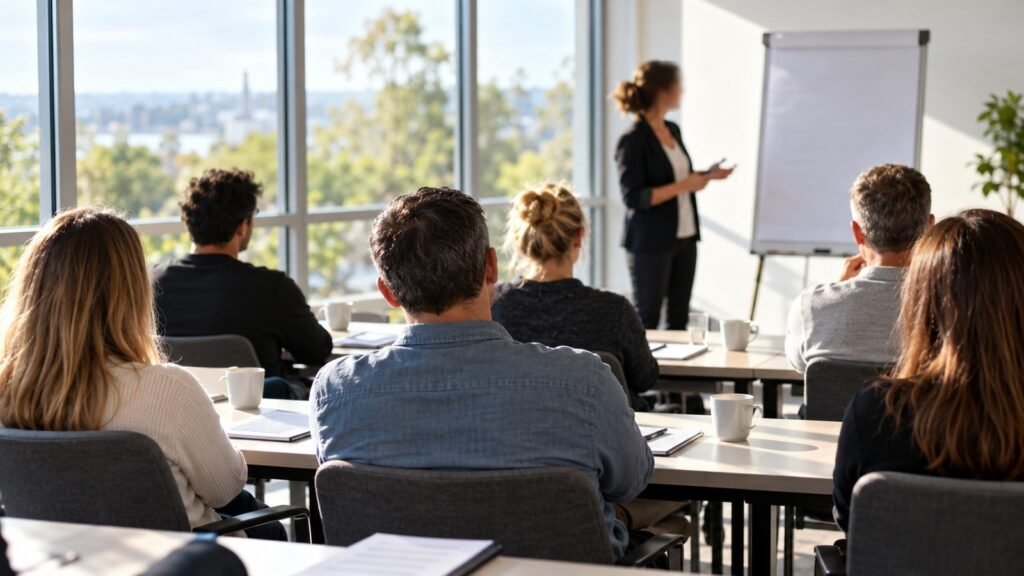 Punkte im Fahreignungsregister: Teilnehmer eines Fahreignungsseminars vor einer Verkehrspsychologin am Flipchart