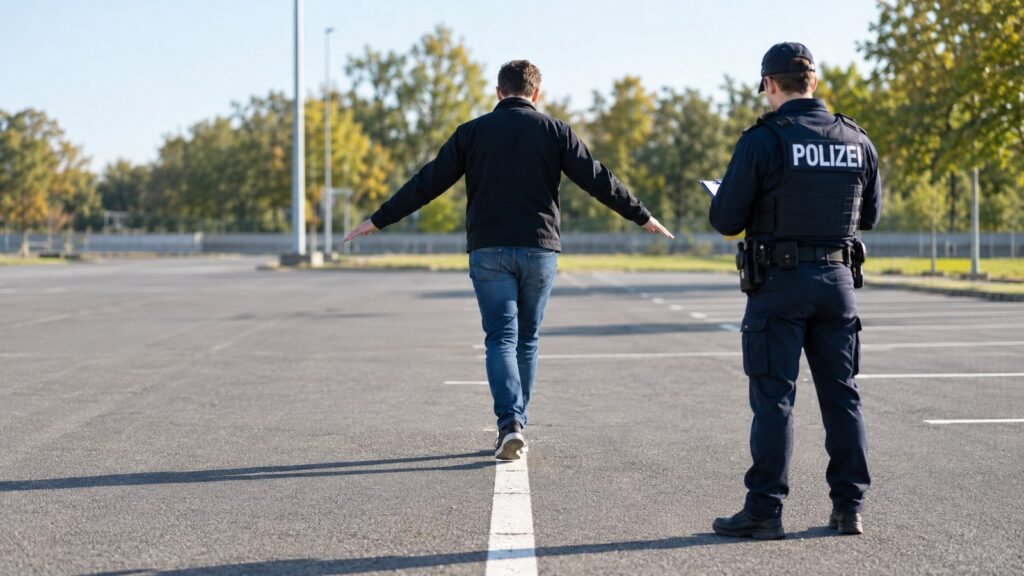 QFP auf einem leeren Parkplatz: ein Mann geht auf einer Fahrbahnmarkierung, ein Polizeibeamter beobachtet ihn mit Klemmbrett