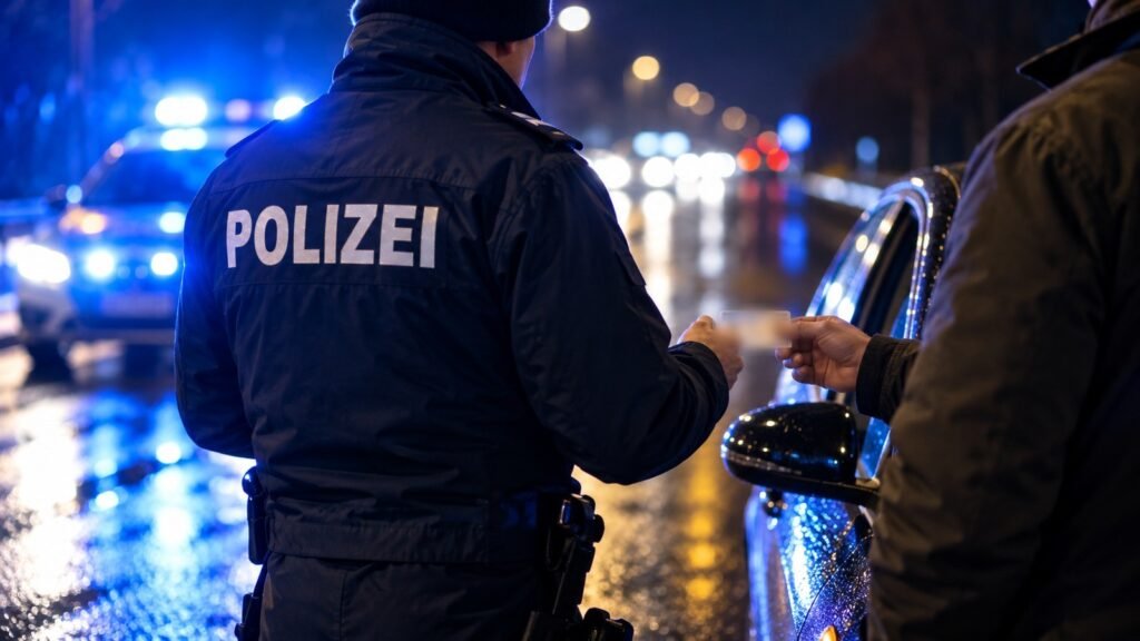 Regelfahrverbot nach Alkoholfahrt: Polizeibeamter nimmt nachts bei einer Verkehrskontrolle den Führerschein entgegen