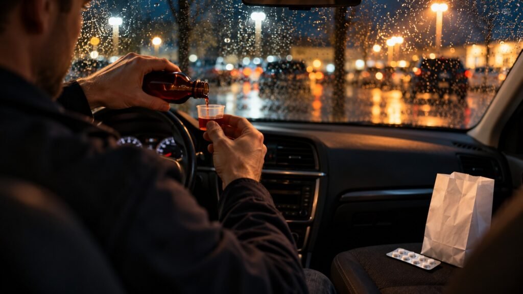 Rezeptfrei gekaufter Hustensaft: Autofahrer füllt im geparkten Wagen einen Messbecher, Tabletten auf dem Beifahrersitz