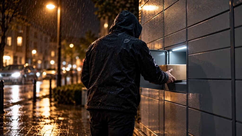 Ritalin-Tabletten per Paket: Eine Person mit Kapuze legt nachts im Regen ein Paket in einen Paketautomaten
