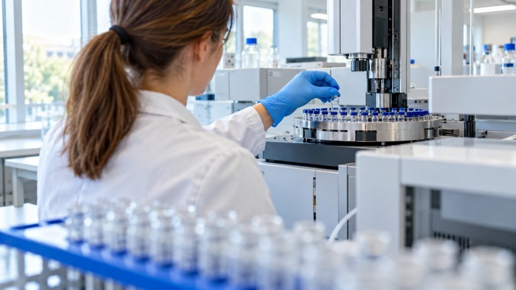 Rohdaten der Begutachtungsstelle: Laborantin setzt eine Probe in den Probengeber des Analysegeräts ein
