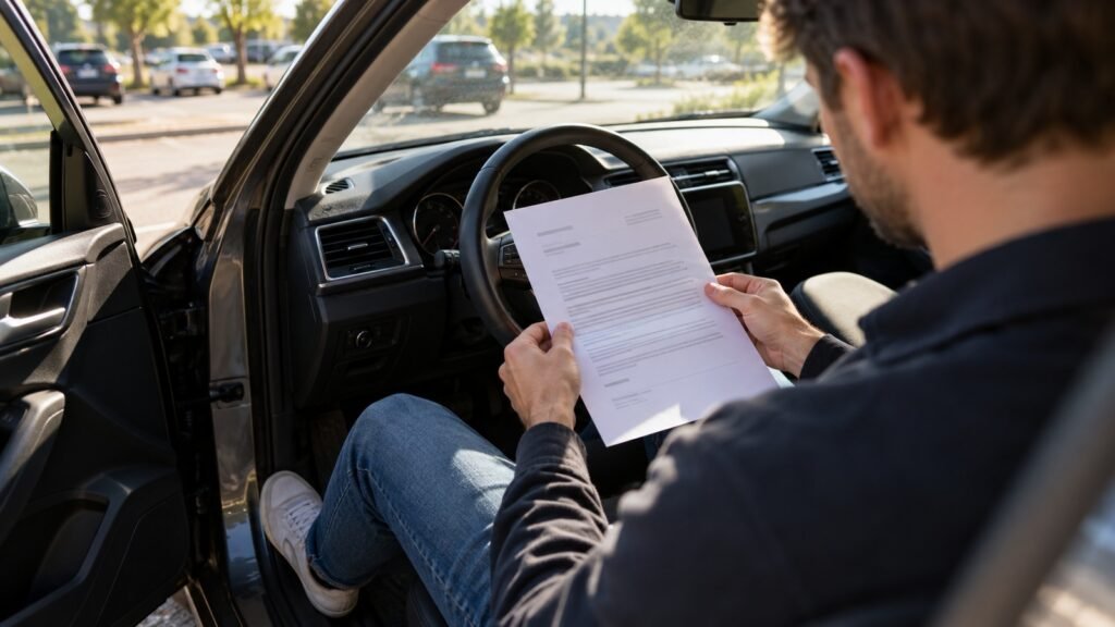 Cannabis und Gutachtenanordnung: Ein Mann liest auf dem Fahrersitz seines Autos ein behördliches Schreiben