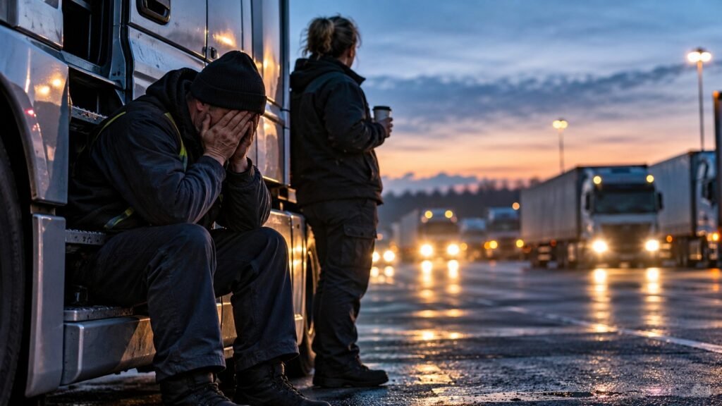 Schlafapnoe am Steuer: erschöpfter Lkw-Fahrer reibt sich auf einem Rastplatz in der Morgendämmerung die Augen