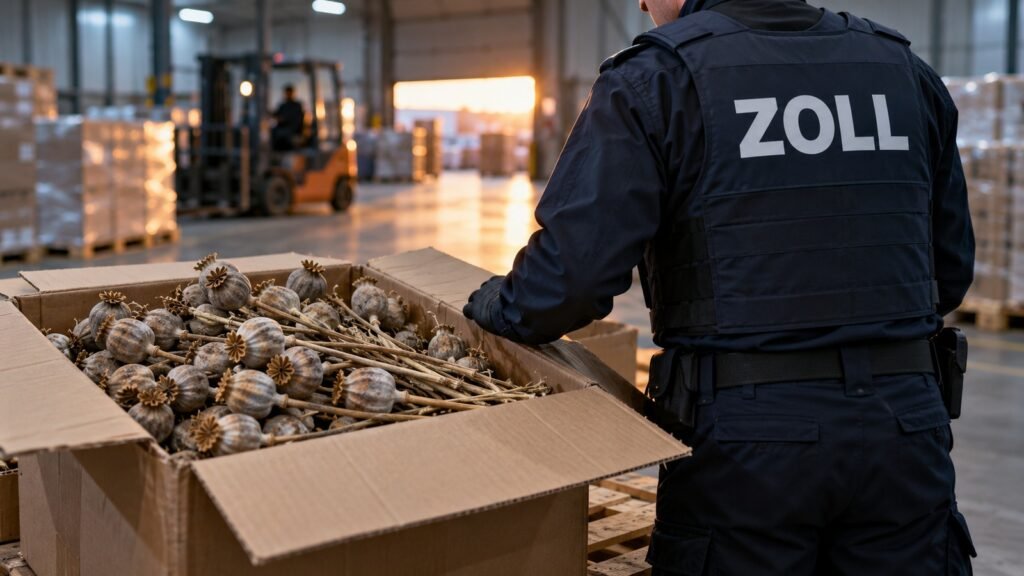 Schlafmohn: getrocknete Mohnkapseln von Papaver somniferum in einem geöffneten Umkarton auf einer Palette, daneben ein Zollbeamter von hinten in dunkelblauer Einsatzweste in einer Lagerhalle