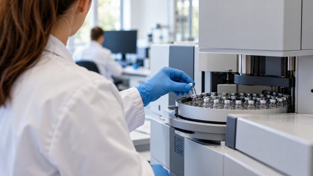 Bestätigungsanalyse im forensischen Labor: Laborantin setzt ein Probenfläschchen in den Probengeber eines Massenspektrometers