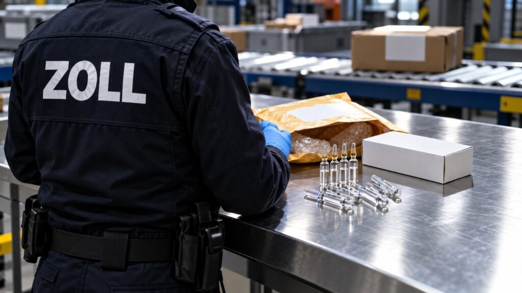Somatropin: Ein Zollbeamter öffnet in einem Postverteilzentrum eine gepolsterte Versandtasche, daneben liegen Glasampullen und eine weiße Faltschachtel auf dem Edelstahltisch.