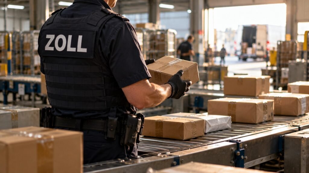 Stanozolol in einer Postsendung: ein Zollbeamter prüft in einem Verteilzentrum ein kleines Paket am Rollenband