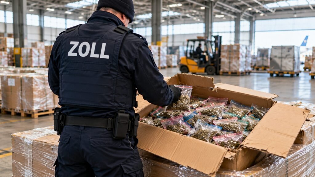 Cannabinoide in Kräutermischungen: ein Zollbeamter prüft in einer Luftfrachthalle einen Karton voller Tütchen mit zerkleinertem Pflanzenmaterial.