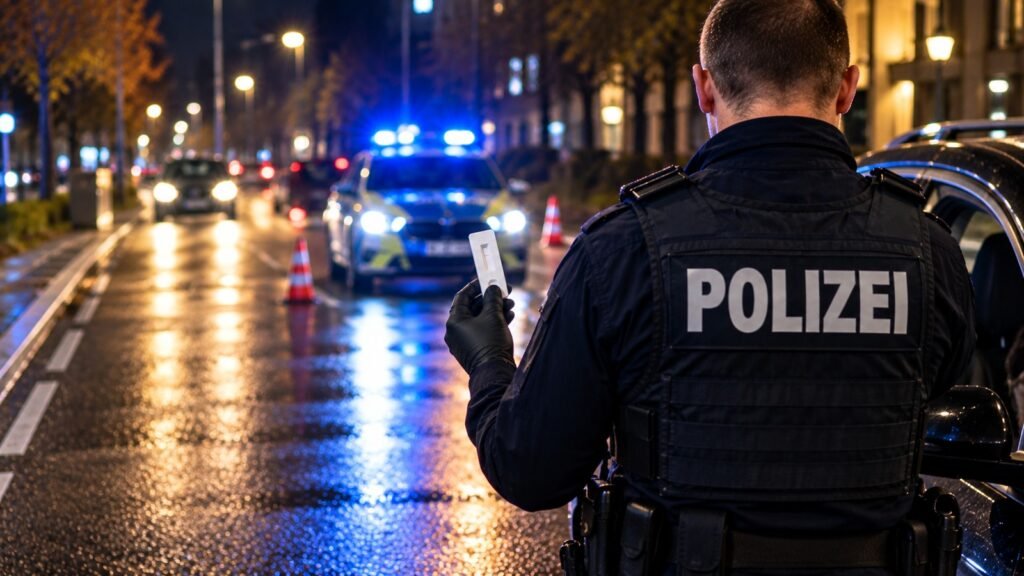 Drogentest ohne Befund: Polizeibeamter von hinten in dunkelblauer Einsatzweste mit Aufschrift POLIZEI hält bei Nacht auf nassem Asphalt vor einem Streifenwagen mit Blaulicht eine unauffällige Testkassette