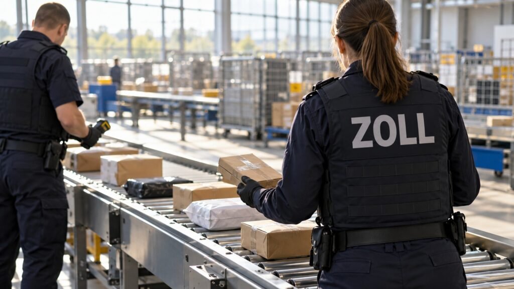 Tapentadol: Zollbeamtin von hinten in dunkelblauer Einsatzweste nimmt in einer hellen Postsortierhalle ein flaches Päckchen vom Rollenband, daneben ein Kollege mit Handscanner