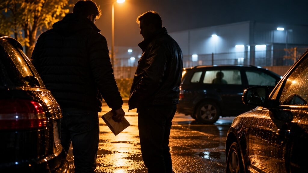 Tatprovokation auf einem nächtlichen Parkplatz, zwei Männer in Zivil bei einer Übergabe, im Hintergrund ein besetztes Fahrzeug